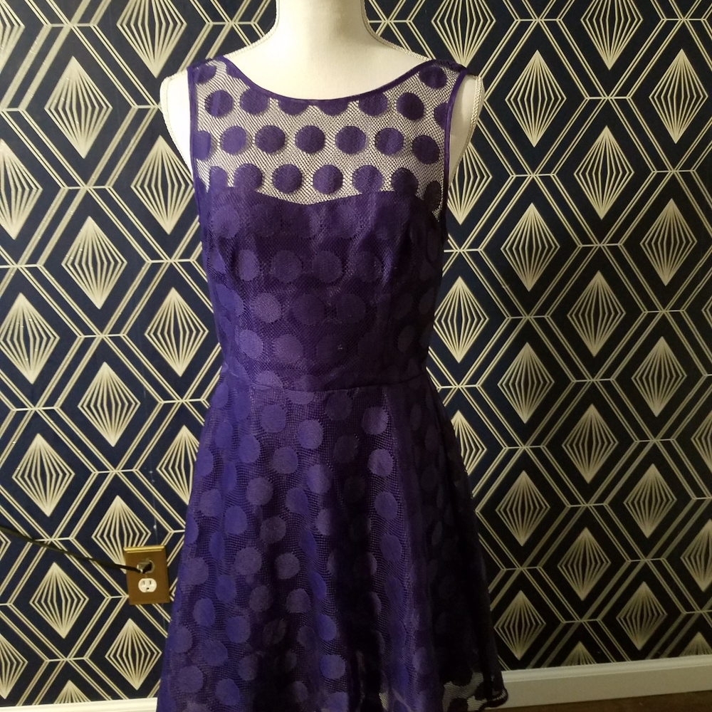 Betsy Johnson purple polka dot dress with overlay